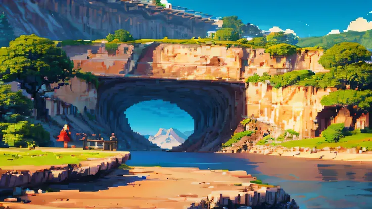 em uma montanha em um local isolado revela uma bela paisagem estelar em estilo pixel art lo-fi