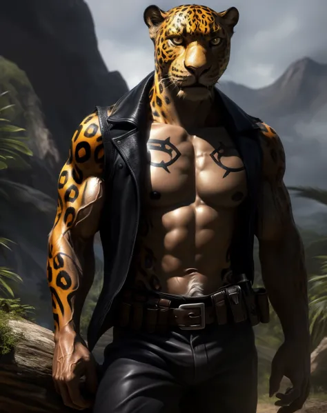 anthro, jaguar, solo, male, adult, veiny muscles, buffed body, toned muscle, dark black pants, terrorist, bad guy, criminal, pirate, serious look, fierce look, small eye, furred body, furry, detailed background, wilderness background, clear weather, realis...