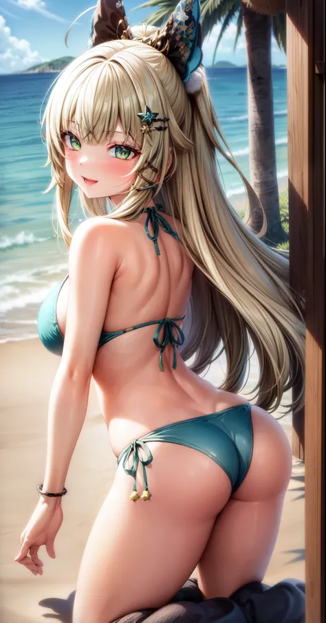 anime, beautiful face, highly detailed face, (highly detailed green eyes:1.2) , highly detailed beach background, best lighting, no shadows, 1girl, solo, outdoors, genshin impact, Kirara, bangs, beautiful long blonde hair, hair ornament, cat ears, absurdre...