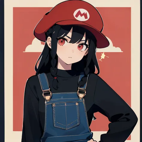 highest quality　black hair　girl　Only one braid　Glaring eyes　8k red long sleeve　wearing overalls　wearing a mario hat