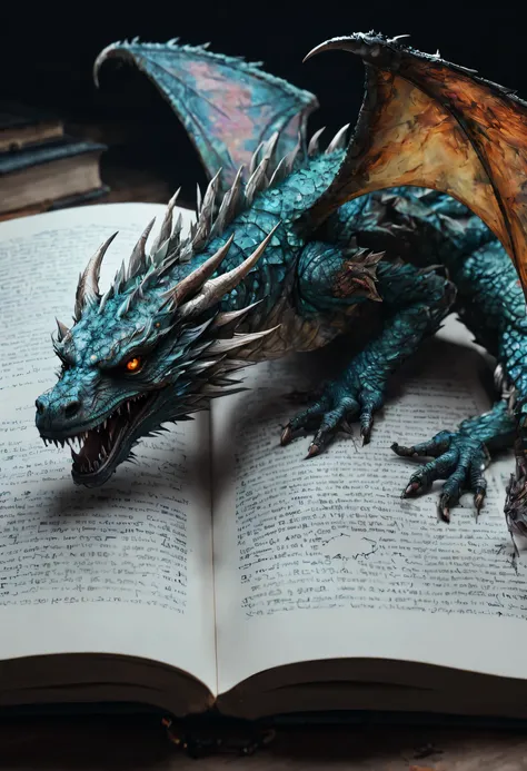 Open a book with a magical dream-like Mystical Dragon inside the pages.. A fascinating world of books full of surprises and adventures「lost」convey a feeling, 8k, highly detailed, hyper detail, Digital art by Khan Griffiths, toft itself, portrait photograph...