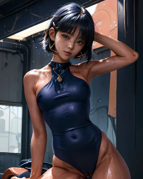 nadiaがCowgirlで性交する, (((realistic, highest quality, High resolution, real women pictures:1.2))), (((A 16-year-old high school girl wearing a navy blue school swimsuit:1.5)), (navy high neck school swimsuit), (slender body shape:1.9), Cowgirlで性交する, ((anatomi...