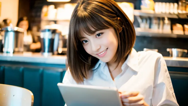 ((最high quality, 8k, masterpiece: 1.3)), perfect face,Inside a stylish cafe in New York、A scene in which a beautiful model-like woman with big breasts is drinking a latte and studying on a laptop.,everything around you, I see other customers enjoying thems...