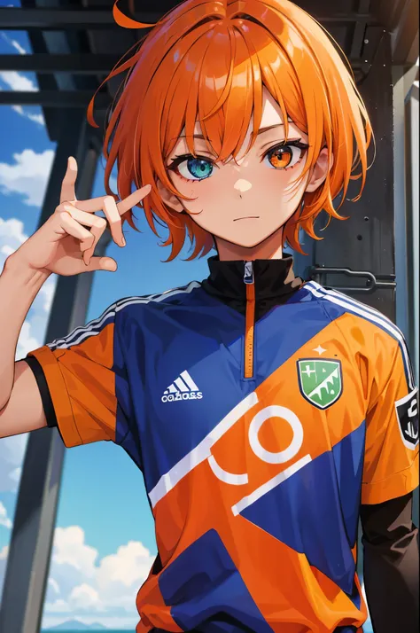 (solo),(1boy,masculino,(alone),orange hair),soccer uniform , heterochromia , one eye green , one eye purple,(campo de futebol)