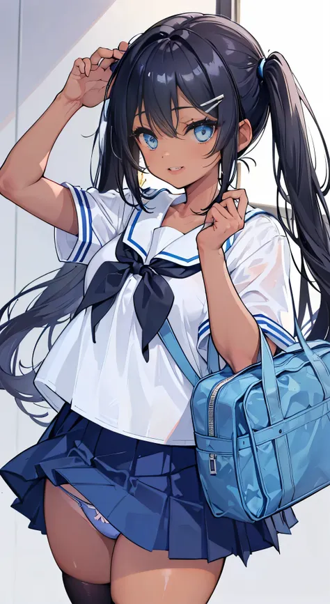 "(perfect masterpiece:1.2), (highest quality:1.2), stunning face,  compensate, long and luxurious eyelashes, lip whole, irresistible charisma.",(()),(((twin tails)))，raised his arms,NSFW,(((Chubby)))，((((school uniform)))，hair clip，wallpaper，(((black hair)...