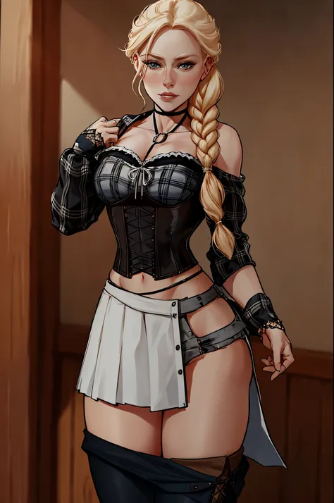 ch3rryg1g, cowboy shot of beautiful blonde lady, braid, black corset, choker, white ornate dreass, plaid skirt