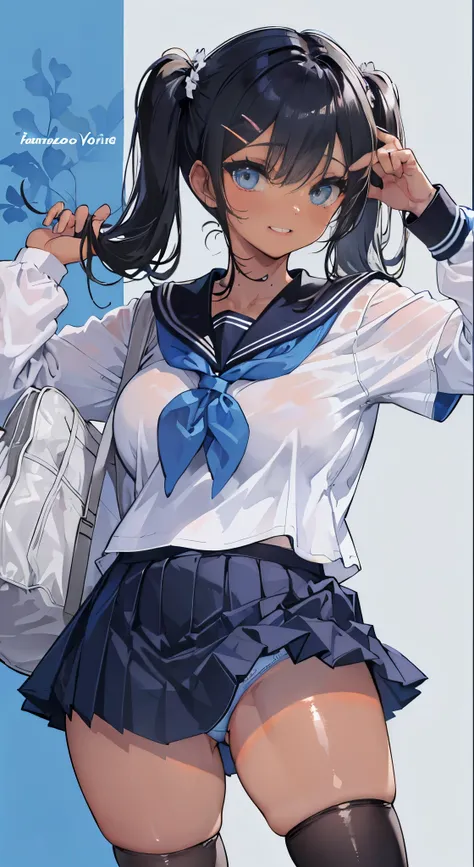 "(perfect masterpiece:1.2), (highest quality:1.2), stunning face,  compensate, long and luxurious eyelashes, lip whole, irresistible charisma.",(()),(((twin tails)))，raised his arms,NSFW,(((Chubby)))，((((school uniform)))，hair clip，wallpaper，(((black hair)...