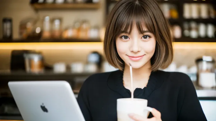 ((最high quality, 8k, masterpiece: 1.3)), perfect face,Inside a stylish cafe in New York、A scene in which a beautiful model-like woman with big breasts is drinking a latte and studying on a laptop.,everything around you, I can see other customers enjoying t...