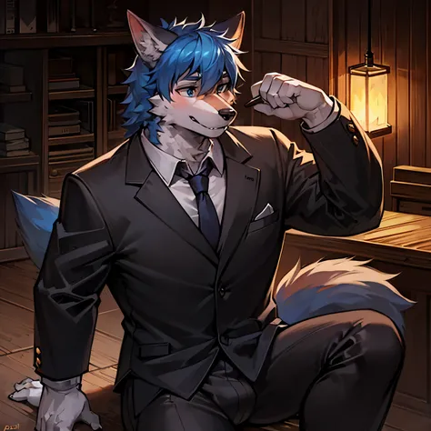 Muscular wolf orc with blue hair，wearing a suit