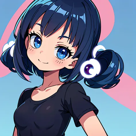 (Ultra bright color, Masterpiece, Best quality, blossom, Warm, soft light, modern, Hi-tech), 1 girl, One, (background:1.4), black T-shirt without print, beautiful detailed face, slight smile, (blue) Medium hair, (detailed (blue) Ruby eyes), young, small br...