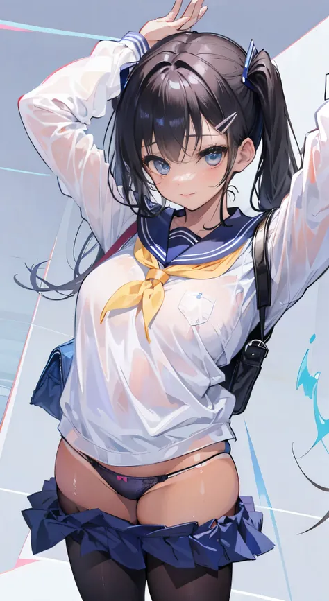 "(perfect masterpiece:1.2), (highest quality:1.2), stunning face,  compensate, long and luxurious eyelashes, lip whole, irresistible charisma.",(()),(((twin tails)))，raised his arms,NSFW,(((Chubby)))，((((school uniform)))，hair clip，wallpaper，(((black hair)...