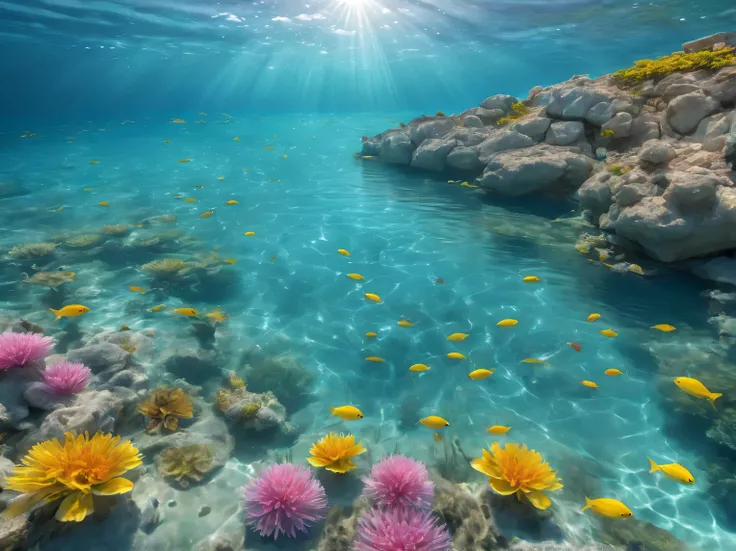 sea, clear sea water of light turquoise color, there are small ripples on the surface of the water, the water is very clear, and right at the bottom you can see many colorful sea flowers, blooming, Small colored fish swim among these flowers, the sun&#39;s...