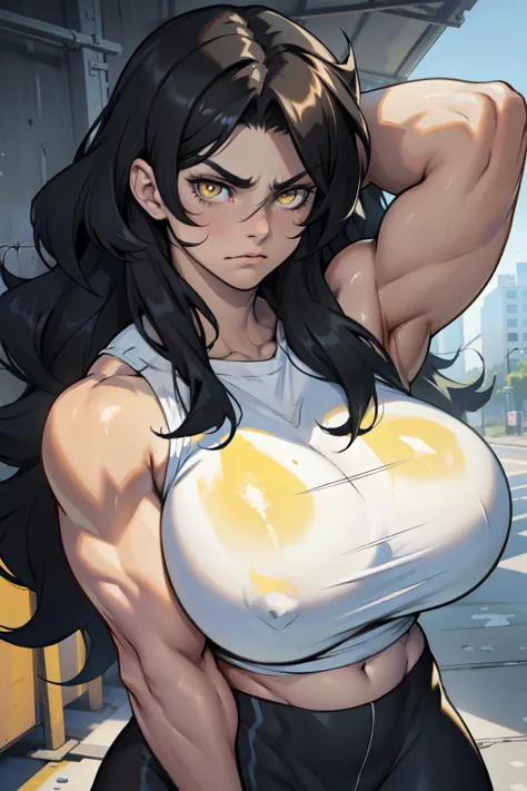 huge muscles girl huge breasts toned body black hair yellow eyes pale skin wavy hair messy hair upset hair between eyes