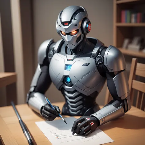 An artificial intelligence robot sits at a table, the robot is drawing, and the robot is holding a pen