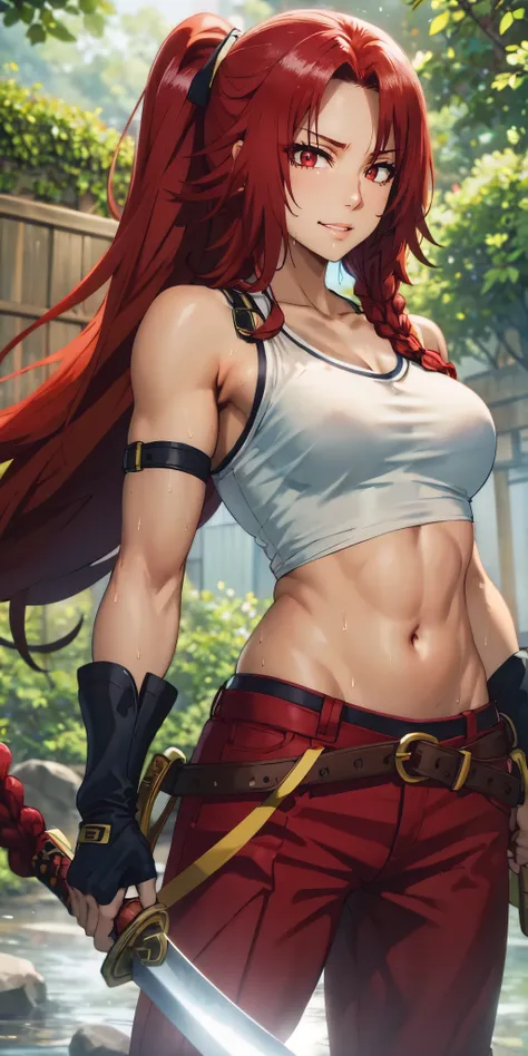 red hair, long hair, braid, red eyes, muscular female, anatomically correct, best quality, masterpiece, high quality, high details, highres, HD, (shaded face:1.2), hollow eyes, looking at viewer, heavy breathing, smirk, uppert teeth, masterpiece, best qual...