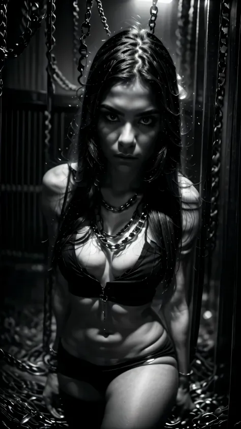 best quality,ultra-detailed,realistic,portrait,woman in chains,beautiful dark eyes,detailed facial expression,long flowing hair,confident and determined poses,broken chains,dark and moody atmosphere,black and white photography,dramatic lighting,harsh condi...