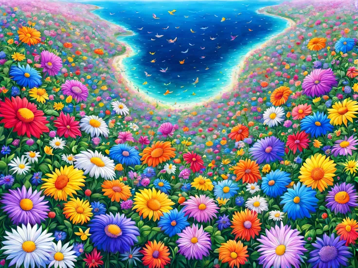 there are flowers everywhere from edge to edge, beautiful bright different, flowers cover everything around, flowers grow and bloom everywhere and everywhere, A sea of flowers