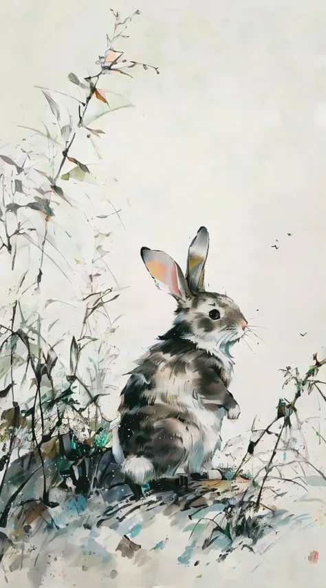 (best quality, masterpiece:1.2), A rabbit painted in Chinese ink painting style, pure white background