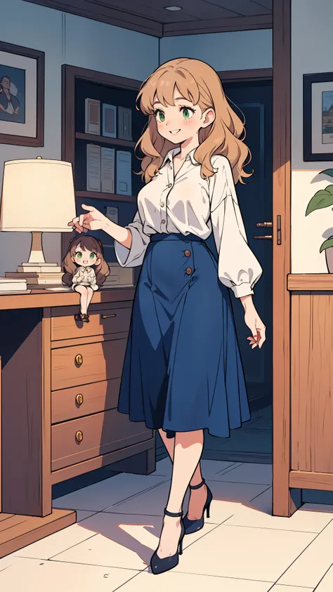 ghibli style image of a woman in an office with shoulder length wavy retro styled light brown hair with green eyes wearing a white button up blouse, dark navy blue wiggle skirt, brown nylons and dark navy blue buckled Mary Jane high heel shoes, she is walk...