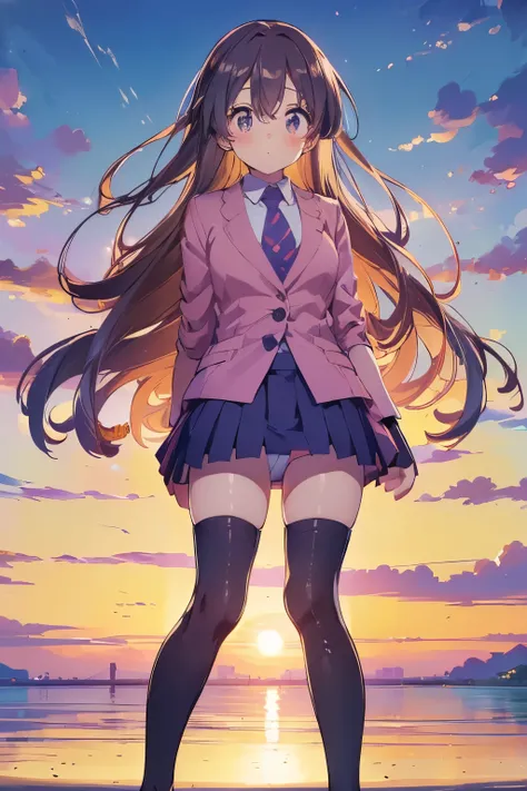 ((high quality,masterpiece,4k,8k,UHD)),look forward,running,kawaii girl,long hair,long eyelashes,sakura color cheek,((shirt,blazer,mini skirt,knee high socks,loafers:1.4)),japanese idol,pritty girl,standing,beach,sunshine