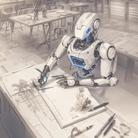 An artificial intelligence robot sits at a table, the robot is drawing, and the robot is holding a pen