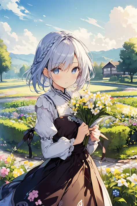 table top, highest quality,figure, wallpaper, Super detailed, absurd beauty、1 beautiful girl、 (middle hair、short braided hair), highly detailed beautiful eyes , hair blowing in the wind、Please make your head smaller、flower garden、great outdoors、flower gard...