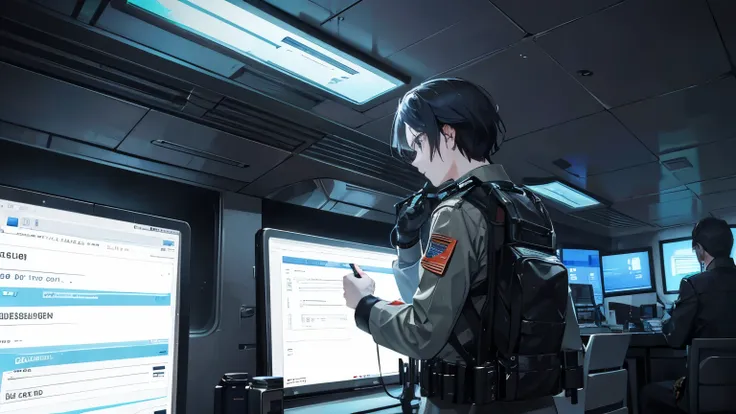 Illustrate a scene showing the soldier conducting an investigation onboard the spaceship. Show him interviewing crew members, examining evidence, and reviewing access logs. Let the image convey the intensity and focus of the investigation process.