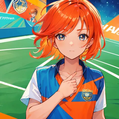 1boy, soccer uniform , orange hair, aquamarine eyes , looking at the viewer , campo de futebol