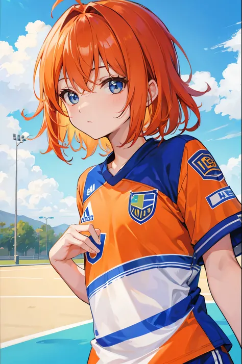 1boy, soccer uniform , orange hair, aquamarine eyes , looking at the viewer , campo de futebol