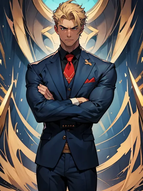 draw a young chad, dark blue suit, arms crossed, looking at the camera, masculine