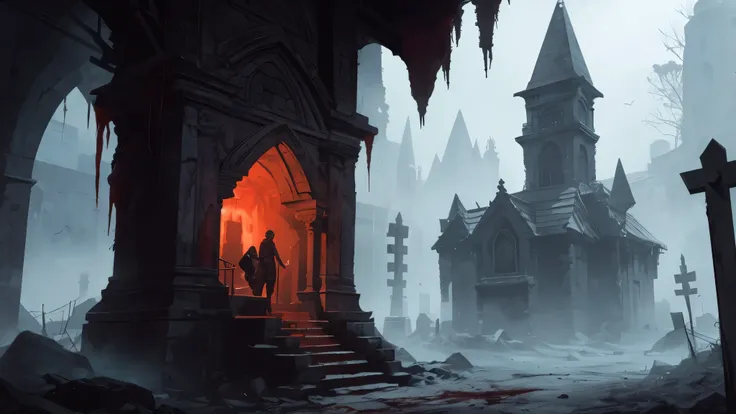 Horrible scary crypt, some torches, Stone walls, old red mat on palu, coffins in the corners, дарк fantasy, narrow walls, corridor, 16K quality, super cool quality, dnd, fantasy, Middle Ages, blood, killed the headless horror, a lot of blood, blood повсюду