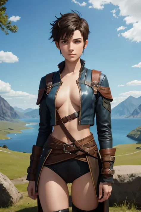 A happy young woman with an undercut in a fantasy setting. An adventurer and ranger. Very androgynous looking. In a good mood. Sympathic. Tomboyish. Androgynous. Slim body. Very . Very small breasts. Wide hips. Thick legs. Face: Extremly pale skin with liv...