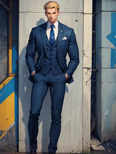 draw a young chad, dark blue suit, hands in pockets, looking at the camera, masculine