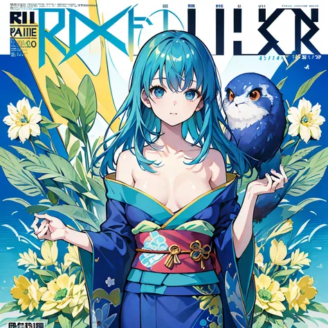 highest quality, masterpiece, 1 girl, solo, vibrant、blue,green,kimono、Pause、naked、pubic hair、front、Colorful、dynamic、With background、element、have confidence、Be expressive、poster、cover、movie、pixiv Tachi- e(magazine:1.3)、(cover style:1.3)