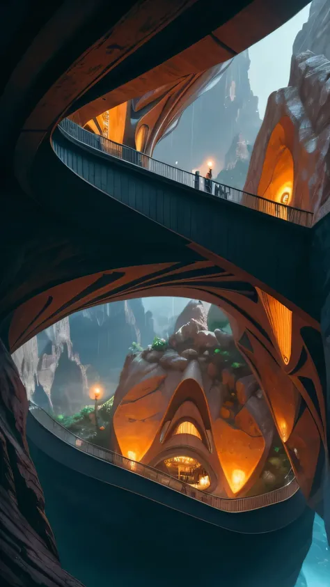 futuristic sci-fi masterpiece, cybernetic residential beehive pod architecture designs carved inside of grand canyon caves , realistic ,intricate, detailed ,modern, neo cave centric design,rocks,waterfalls,vegetation, organic futurism, indigenous futurism,...