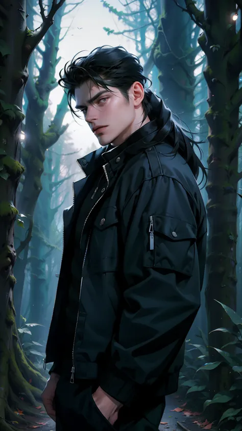 Masterpiece, 4K, High Quality, One person, Human, male, solo, looking at viewer, bad boy, ultra detailed, front view, black jacket, assassin style, black long hair, night time, in the woods.