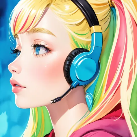 close up of face、colorful、headphones、watercolor、blonde、twin tails、I&#39;m 11 years old、profile