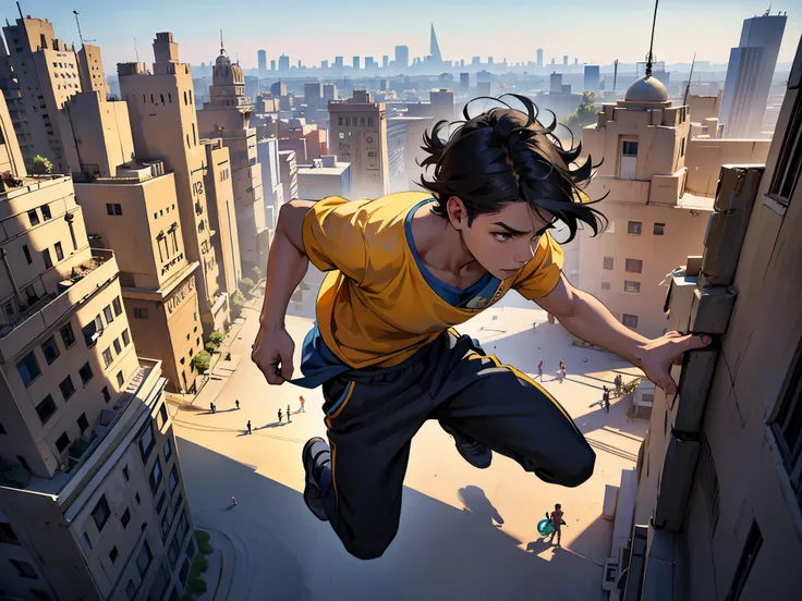 There is a boy without a shirt, he is running, escaping from someone who is following him, he is jumping through the buildings and through the streets of the neighborhoods of Cairo, Egypt, panoramic view, cute 15-year-old teenager from above, a modern city...