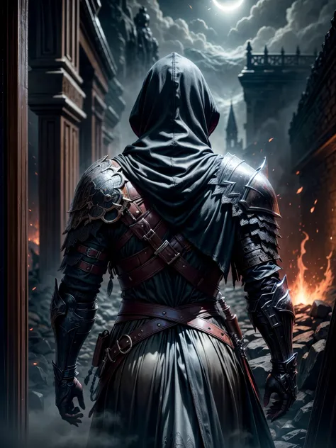 solo, action scene, solar eclipse of dark souls 3, dark fantasy, knight in the worn steel armor going towards fog gates, view from back, fog gates of dark souls, powerful fog, end of the story, epic final, hood, modern, cinematic lighting, ray tracing, sil...