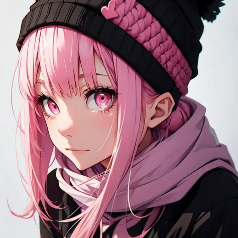 Girl white skin pink hair pink eyes with black beanie