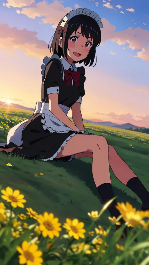 shinkai makoto, kimi no na wa., 1girl, bangs, black hair, blush, brown eyes, shiny skin, ((girl wear maid dress, short dress, short skirt, maid headdress)), Off-the-shoulders, red bow, red ribbon, short hair, smile, cute, solo, happy, open mouth, looking a...