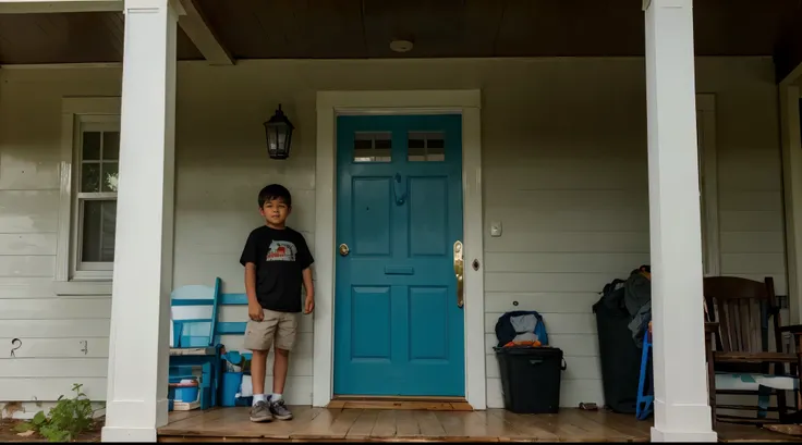 A kid in front of the front porch of the house