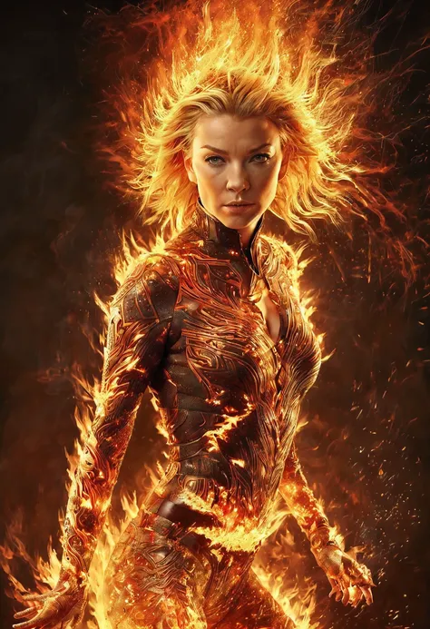 realistic photo, full shot (full body), masterpiece, (ohwx woman), natalie dormer, short flaming hair, composed of fire elements...