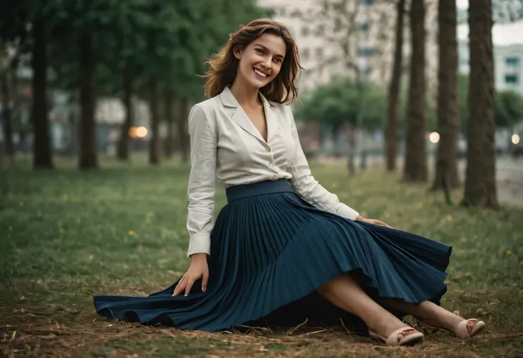 A smiling, authentic, (shy:1,3), kind, beautiful woman, is passionately in love with her skirt, sitting down on the gound while wind lifts her skirt, wearing short blazer and very very detailed (long (fully pleated) full circle skirt) and (low heeled court...