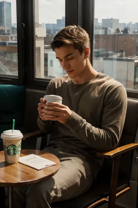 Generate a scene featuring a young man of slender build, approximately 1.72 meters tall and weighing 53 kilograms, comfortably seated in a chair inside a Starbucks café. He holds a Starbucks coffee cup with both hands, his posture relaxed and content. The ...