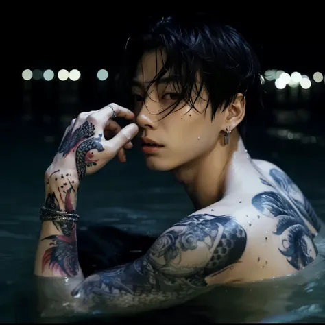 arafed man con tatuajes in the water with his hand on his face, cai xukun, jungkook, kim taejin, inspirado en Gang Se-hwang, hyung tae, con tatuajes, beautiful androgynous prince, inspirado en Kim Deuk-sin, Inspirado por Bian Shoumin, parque jimin, artista...