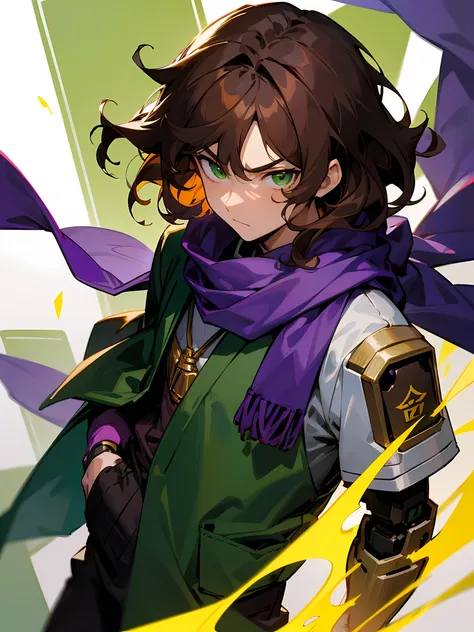 1male, adult, brown hair, wavy hair, medium length hair, tied to the back,green eyes, robot arm, green and purple scarf, white haori, black yukata, temple, hands in pocket, serious expression, dynamic lighting