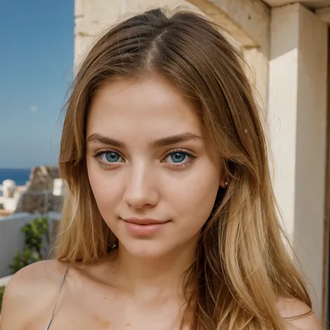 an ultra-realistic, photo-realistic full face and body image depicting a 21-year-old Greek girl with a beautiful face and deep blue eyes. Her blonde hair, decorated with lighter shades, gracefully falls to her shoulders, framing her face with elegance. Ful...