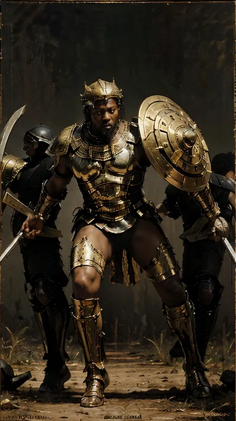 ( classic oil painting ) a full body black skin heavy african armored warrior holding a shield on a crowded battle field, marvel...