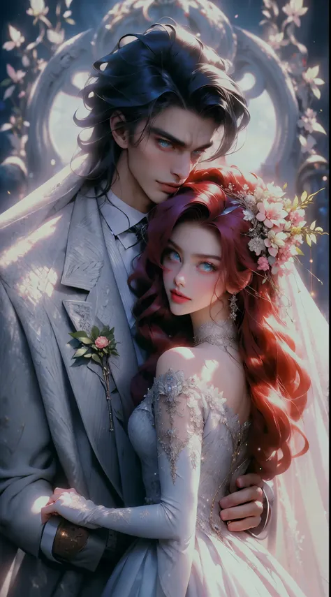 1 beautiful woman , 1 handsome man , dress, red  hair lady with pink lips and green eyes ,black hair man with blue eyes, wedding...